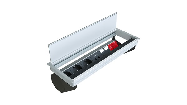 Metalline® Fix-Line Fırçalı Kapaklı Masaüstü Priz Kutusu USB-UPS-CAT6/3 - Natürel Eloksal