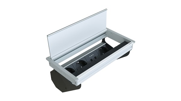 Metalline® Fix-Line Fırçalı Kapaklı Masaüstü Priz Kutusu USB - Natürel Eloksal
